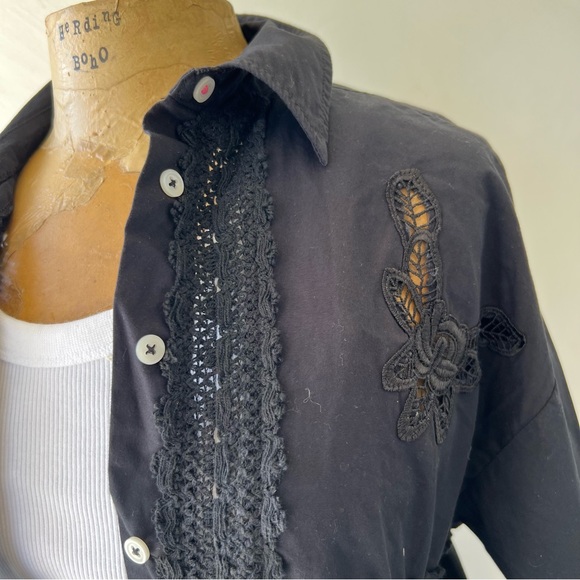 Tricia Fix for re_nuuly upcycled Black Lace Trim Button-Up Shirt sz M - Picture 7 of 12